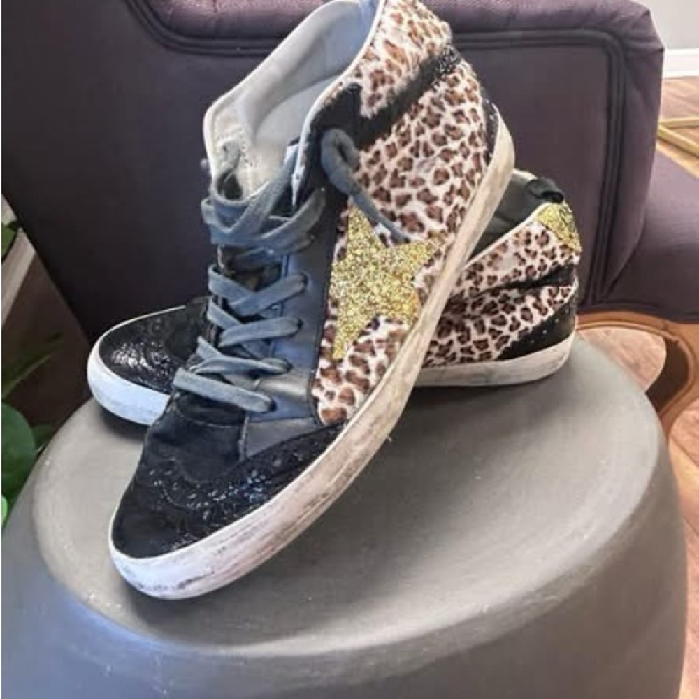 Golden Goose Leopard Print Sneakers with Gold Star